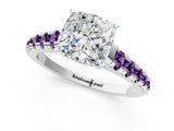 White gold Cushion Cut Diamond Cathedral Solitaire Ring with Round with Amethyst side stone Pavé Band_13