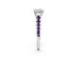 White gold Cushion Cut Diamond Cathedral Solitaire Ring with Round with Amethyst side stone Pavé Band_14