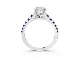 White gold Cushion Cut Diamond Cathedral Solitaire Ring with Round with Amethyst side stone Pavé Band_15