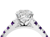 White gold Cushion Cut Diamond Cathedral Solitaire Ring with Round with Amethyst side stone Pavé Band_16