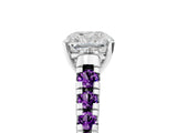 White gold Cushion Cut Diamond Cathedral Solitaire Ring with Round with Amethyst side stone Pavé Band_17
