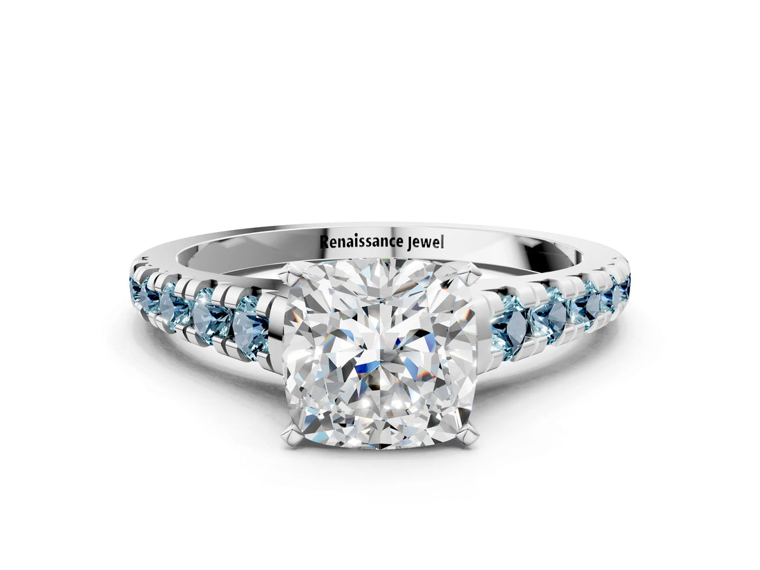 White gold Cushion Cut Diamond Cathedral Solitaire Ring with Round with Aquamarine side stone Pavé Band_12
