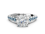 White gold Cushion Cut Diamond Cathedral Solitaire Ring with Round with Aquamarine side stone Pavé Band_12