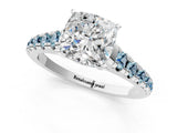 White gold Cushion Cut Diamond Cathedral Solitaire Ring with Round with Aquamarine side stone Pavé Band_13