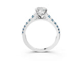 White gold Cushion Cut Diamond Cathedral Solitaire Ring with Round with Aquamarine side stone Pavé Band_15