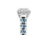 White gold Cushion Cut Diamond Cathedral Solitaire Ring with Round with Aquamarine side stone Pavé Band_17
