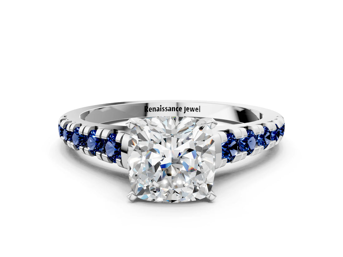 White gold Cushion Cut Diamond Cathedral Solitaire Ring with Round with Blue Sapphire side stone Pavé Band_12