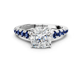 White gold Cushion Cut Diamond Cathedral Solitaire Ring with Round with Blue Sapphire side stone Pavé Band_12
