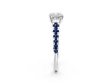 White gold Cushion Cut Diamond Cathedral Solitaire Ring with Round with Blue Sapphire side stone Pavé Band_14
