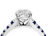 White gold Cushion Cut Diamond Cathedral Solitaire Ring with Round with Blue Sapphire side stone Pavé Band_16