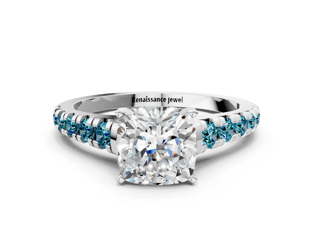 White gold Cushion Cut Diamond Cathedral Solitaire Ring with Round with Blue Topaz side stone Pavé Band_24