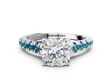 White gold Cushion Cut Diamond Cathedral Solitaire Ring with Round with Blue Topaz side stone Pavé Band_24