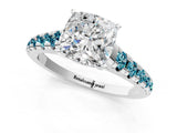White gold Cushion Cut Diamond Cathedral Solitaire Ring with Round with Blue Topaz side stone Pavé Band_25
