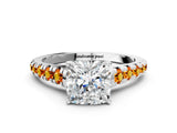 White gold Cushion Cut Diamond Cathedral Solitaire Ring with Round with Citrine side stone Pavé Band_24