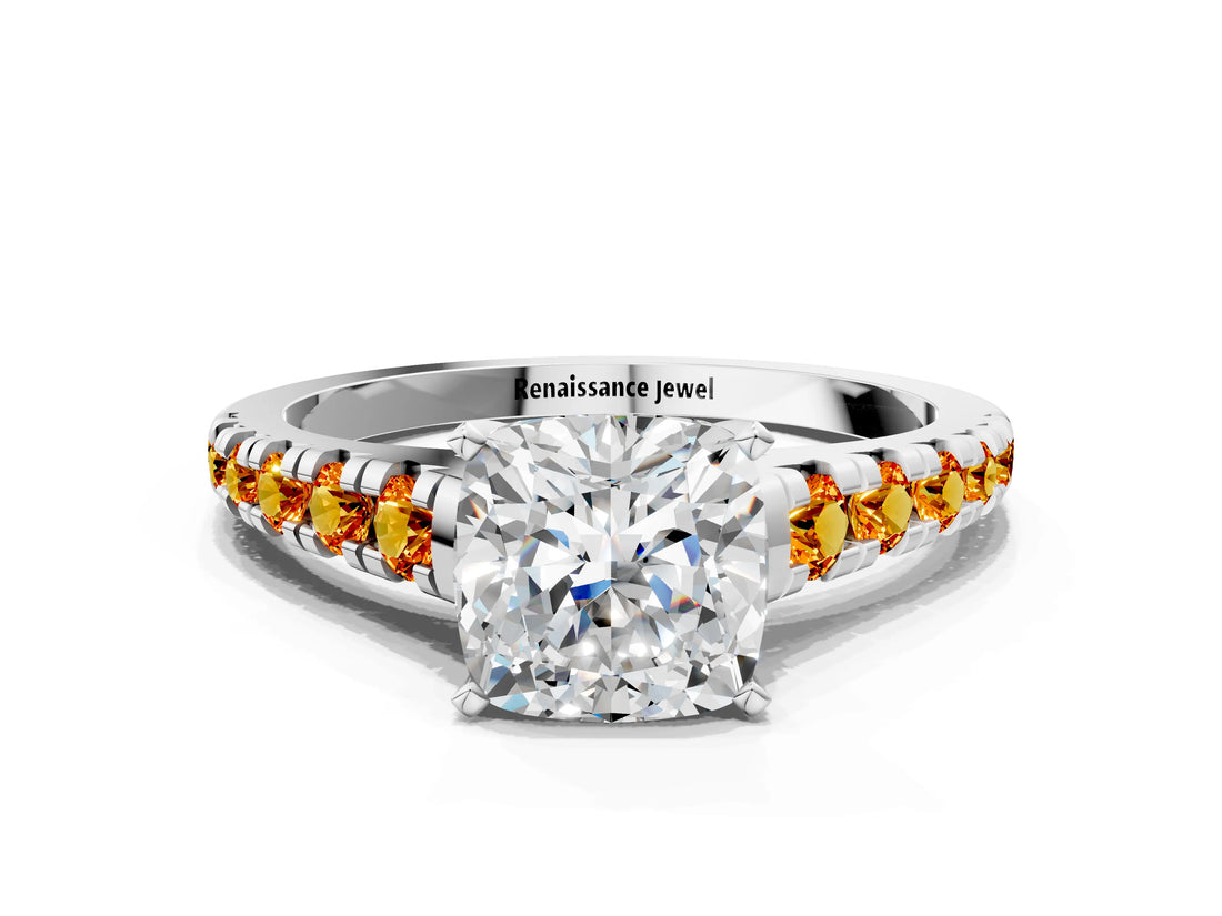 White gold Cushion Cut Diamond Cathedral Solitaire Ring with Round with Citrine side stone Pavé Band_35