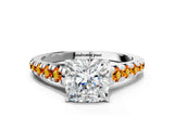White gold Cushion Cut Diamond Cathedral Solitaire Ring with Round with Citrine side stone Pavé Band_35