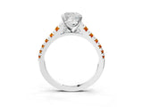 White gold Cushion Cut Diamond Cathedral Solitaire Ring with Round with Citrine side stone Pavé Band_38