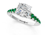 White gold Cushion Cut Diamond Cathedral Solitaire Ring with Round with Emerald side stone Pavé Band_1