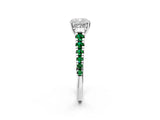 White gold Cushion Cut Diamond Cathedral Solitaire Ring with Round with Emerald side stone Pavé Band_2