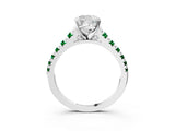 White gold Cushion Cut Diamond Cathedral Solitaire Ring with Round with Emerald side stone Pavé Band_3