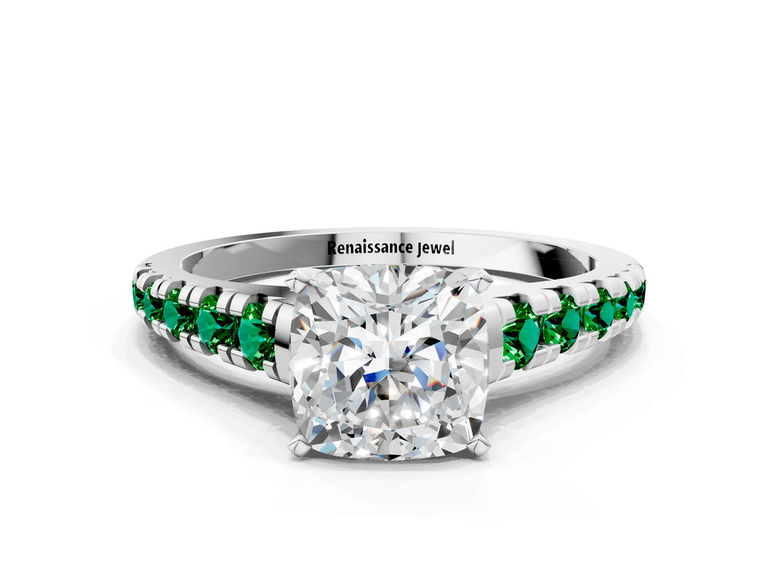 White gold Cushion Cut Diamond Cathedral Solitaire Ring with Round with Emerald side stone Pavé Band