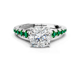 White gold Cushion Cut Diamond Cathedral Solitaire Ring with Round with Emerald side stone Pavé Band