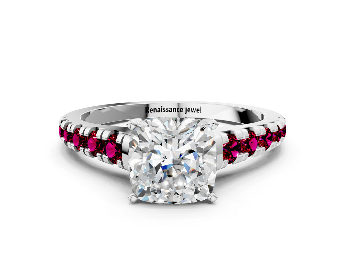 White gold Cushion Cut Diamond Cathedral Solitaire Ring with Round with Garnet side stone Pavé Band_12