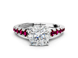White gold Cushion Cut Diamond Cathedral Solitaire Ring with Round with Garnet side stone Pavé Band_12