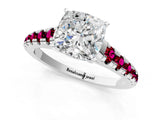 White gold Cushion Cut Diamond Cathedral Solitaire Ring with Round with Garnet side stone Pavé Band_13
