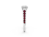 White gold Cushion Cut Diamond Cathedral Solitaire Ring with Round with Garnet side stone Pavé Band_14