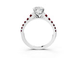 White gold Cushion Cut Diamond Cathedral Solitaire Ring with Round with Garnet side stone Pavé Band_15