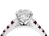 White gold Cushion Cut Diamond Cathedral Solitaire Ring with Round with Garnet side stone Pavé Band_16