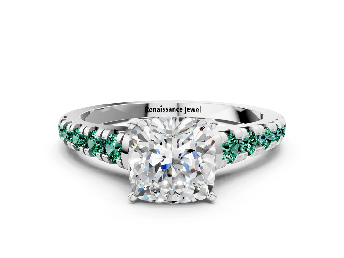 White gold Cushion Cut Diamond Cathedral Solitaire Ring with Round with Green Sapphire side stone Pavé Band_12