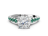 White gold Cushion Cut Diamond Cathedral Solitaire Ring with Round with Green Sapphire side stone Pavé Band_12