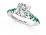 White gold Cushion Cut Diamond Cathedral Solitaire Ring with Round with Green Sapphire side stone Pavé Band_13