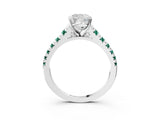 White gold Cushion Cut Diamond Cathedral Solitaire Ring with Round with Green Sapphire side stone Pavé Band_15