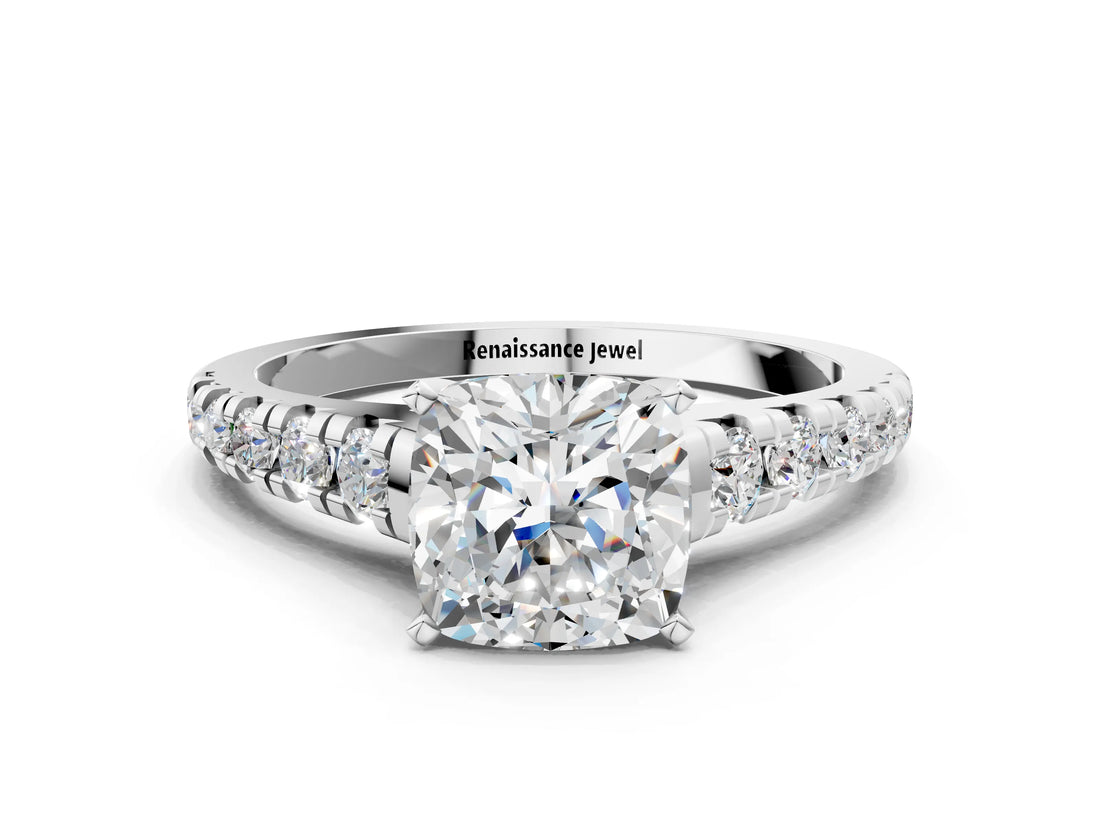 White gold Cushion Cut Diamond Cathedral Solitaire Ring with Round with Moissanite side stone Pavé Band_18