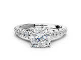 White gold Cushion Cut Diamond Cathedral Solitaire Ring with Round with Moissanite side stone Pavé Band_18