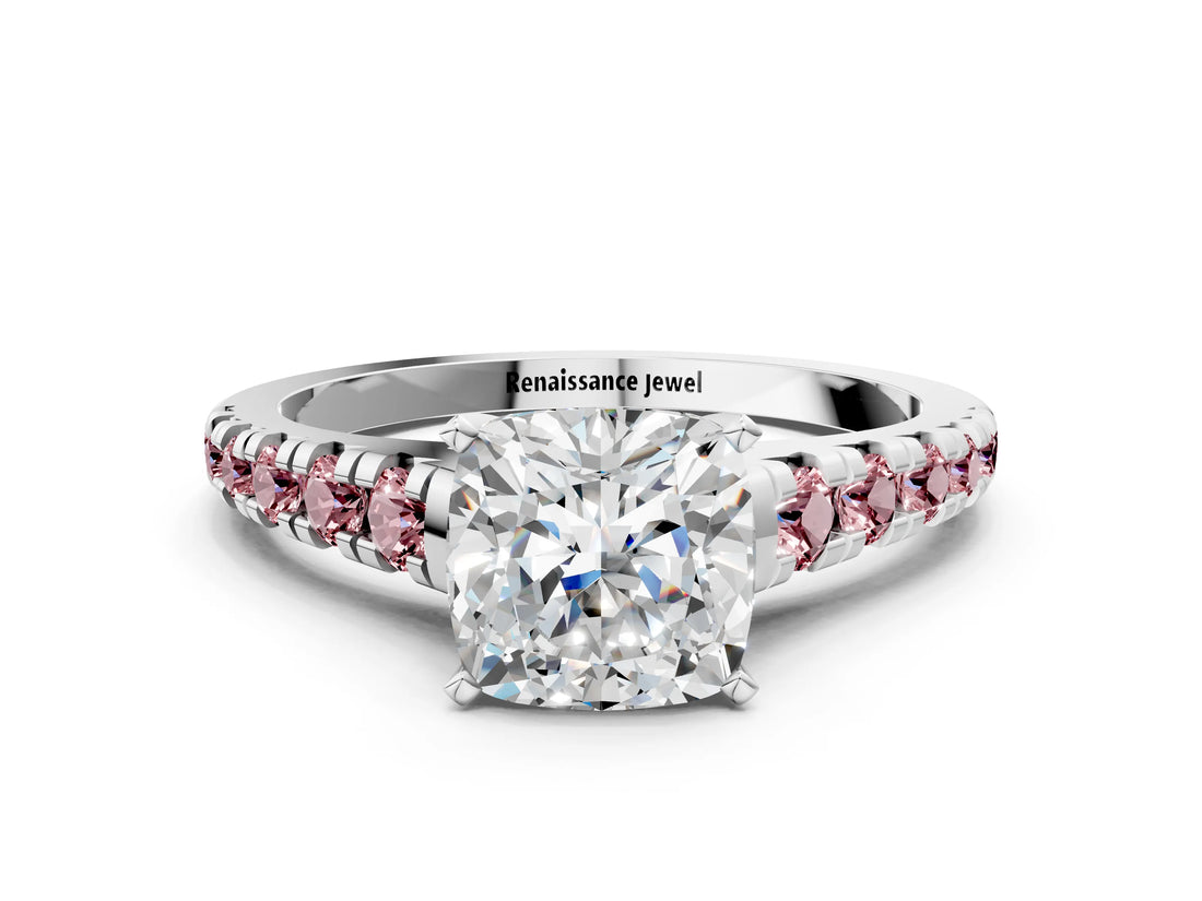White gold Cushion Cut Diamond Cathedral Solitaire Ring with Round with Morganite side stone Pavé Band