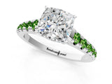 White gold Cushion Cut Diamond Cathedral Solitaire Ring with Round with Peridot side stone Pavé Band_1
