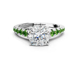 White gold Cushion Cut Diamond Cathedral Solitaire Ring with Round with Peridot side stone Pavé Band