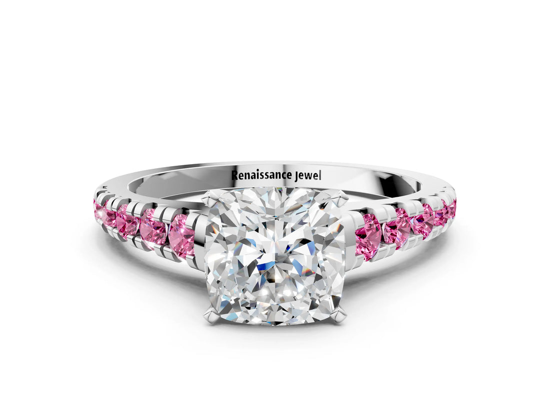 White gold Cushion Cut Diamond Cathedral Solitaire Ring with Round with Pink Sapphire side stone Pavé Band_12