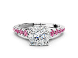 White gold Cushion Cut Diamond Cathedral Solitaire Ring with Round with Pink Sapphire side stone Pavé Band_12