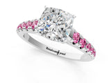 White gold Cushion Cut Diamond Cathedral Solitaire Ring with Round with Pink Sapphire side stone Pavé Band_13