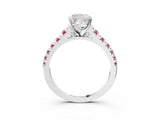 White gold Cushion Cut Diamond Cathedral Solitaire Ring with Round with Pink Sapphire side stone Pavé Band_15