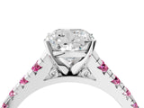 White gold Cushion Cut Diamond Cathedral Solitaire Ring with Round with Pink Sapphire side stone Pavé Band_16