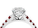 White gold Cushion Cut Diamond Cathedral Solitaire Ring with Round with Ruby side stone Pavé Band_34