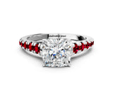 White gold Cushion Cut Diamond Cathedral Solitaire Ring with Round with Ruby side stone Pavé Band_36