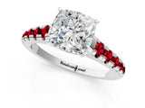 White gold Cushion Cut Diamond Cathedral Solitaire Ring with Round with Ruby side stone Pavé Band_37