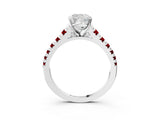White gold Cushion Cut Diamond Cathedral Solitaire Ring with Round with Ruby side stone Pavé Band_39